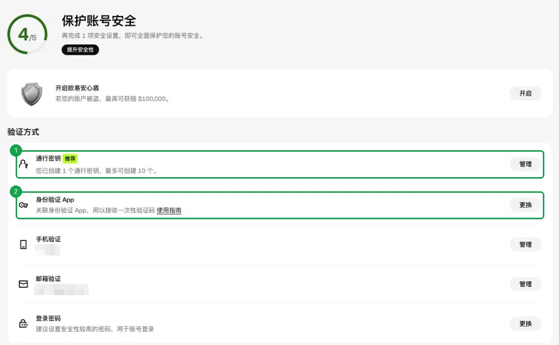 欧易安全中心页面，验证方式包括通行密钥、身份验证 App、手机验证、邮箱验证和登录密码